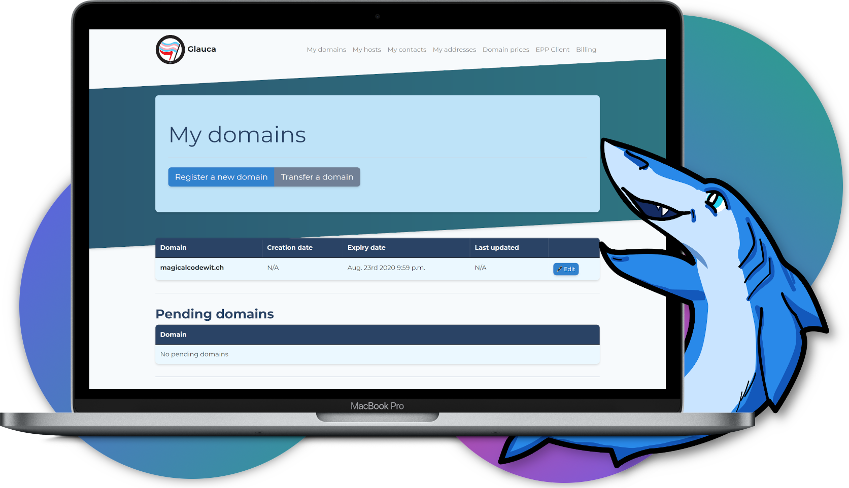 A macbook with the
                'My Domains' page loaded on it, the blue shark mascot pointing at it
